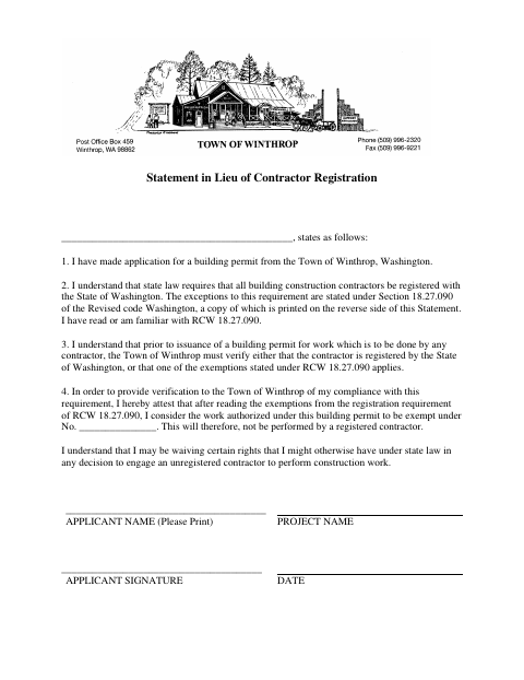 First page of the Statement in Lieu of Contractor Registration