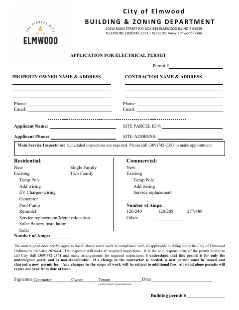 First page of the Application for Electrical Permit
