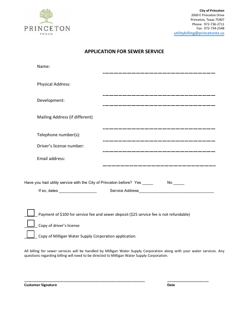 First page of the Application For Sewer Service