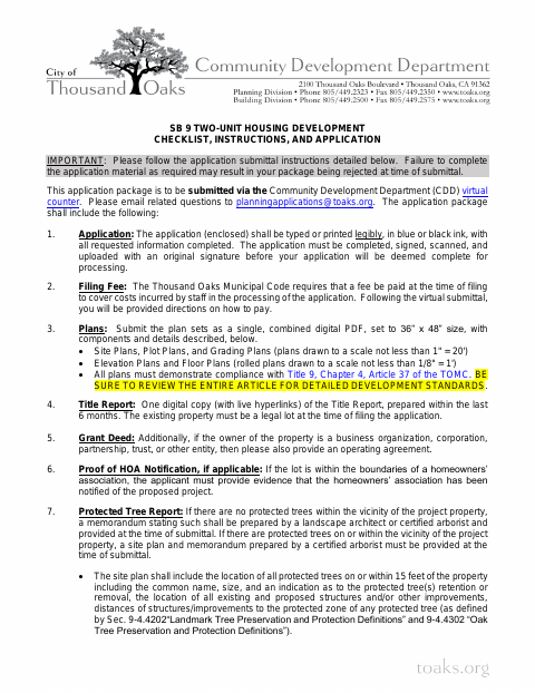 First page of the SB 9 Two-Unit Housing Project Application