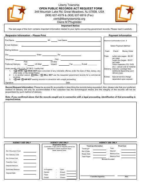 First page of the Open Public Records Act Request Form