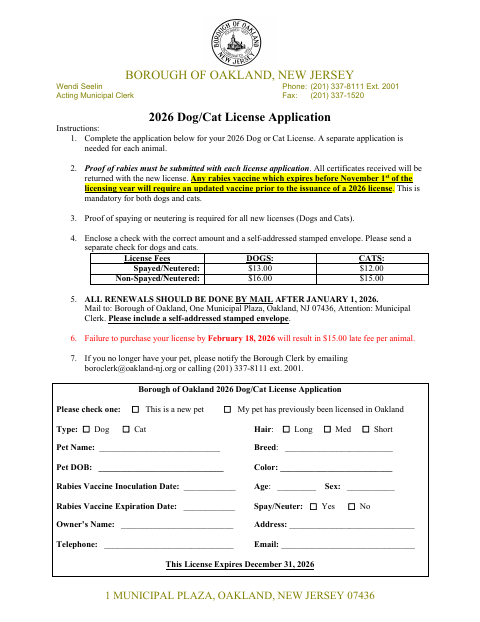 First page of the Dog/Cat License Application