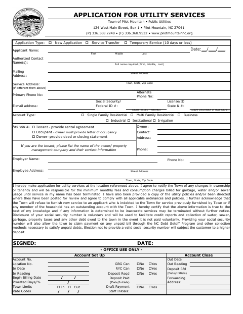 First page of the Application for Utility Services