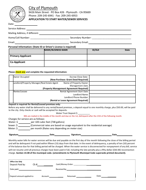 First page of the Application to Start Water/Sewer Services