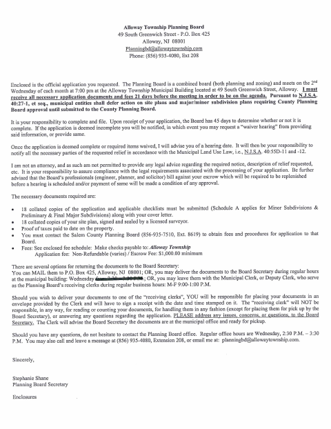 First page of the Planning Board Application