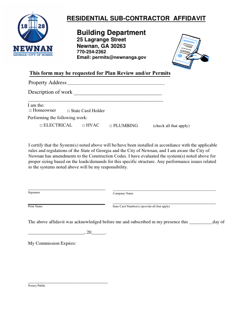 First page of the Residential Subcontractor Affidavit
