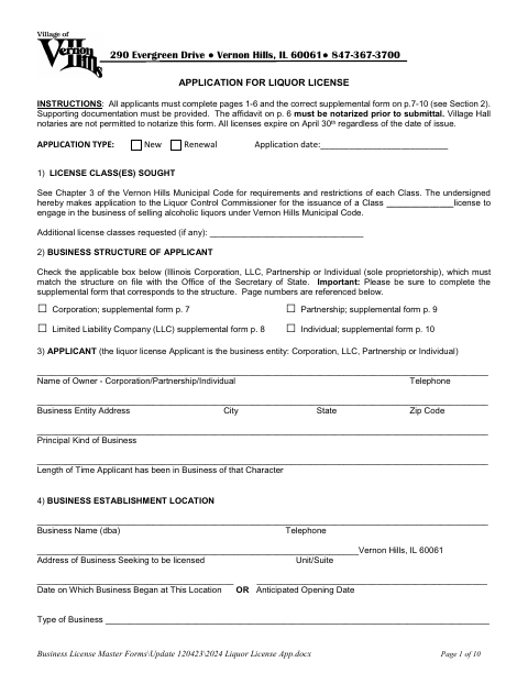 First page of the Liquor License Application