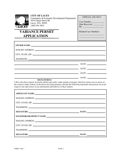 First page of the Variance Permit Application