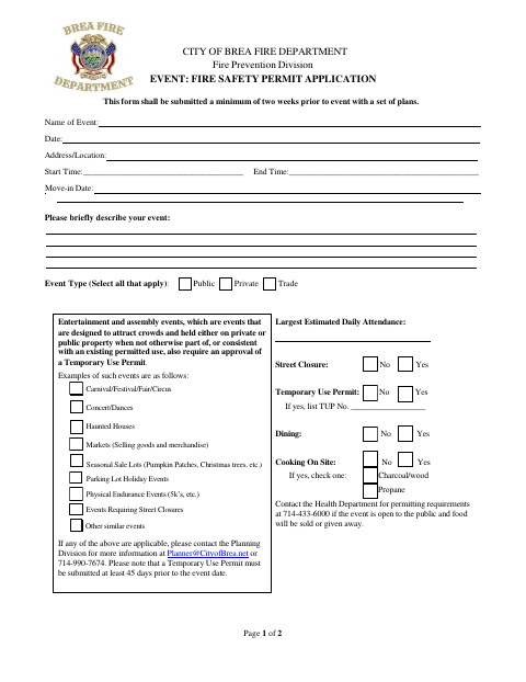 First page of the Event Fire Safety Permit Application