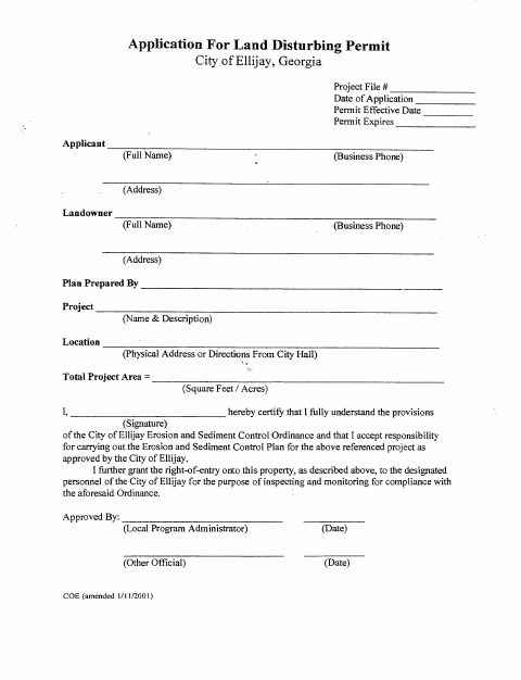First page of the Land Disturbing Permit Application