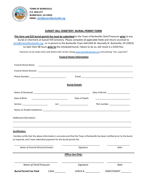 First page of the Sunset Hill Cemetery Burial Permit Form