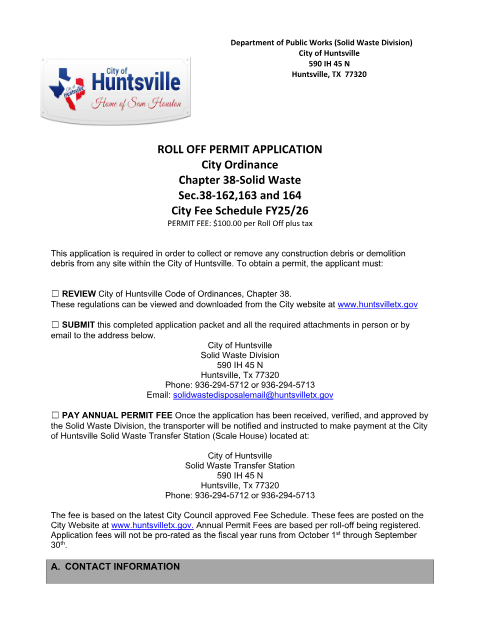 First page of the Commercial Hauler / Roll-Off Permit Application