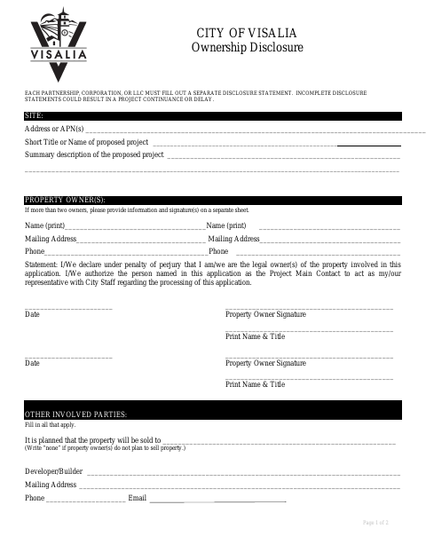 First page of the Ownership Disclosure Form – Partnerships and Property