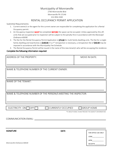 First page of the Rental Occupancy Permit Application