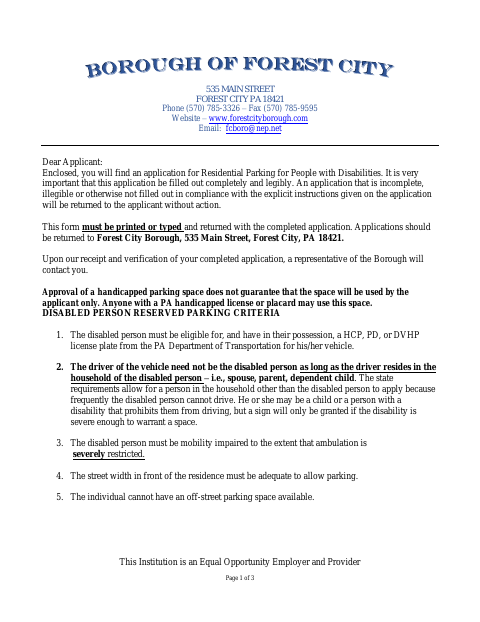 First page of the Residential Parking for People with Disabilities Application