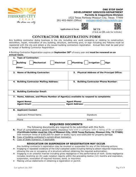 First page of the Contractor Registration Form