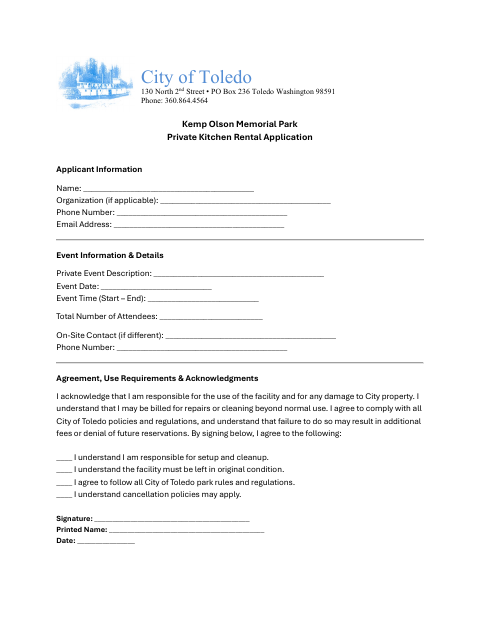 First page of the Private Kitchen Rental Application