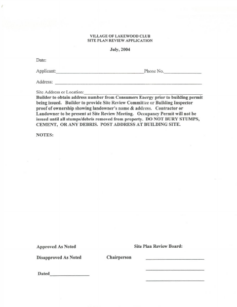 First page of the Site Plan Review Application
