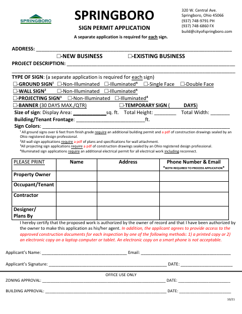 First page of the Sign Permit and Fee Application