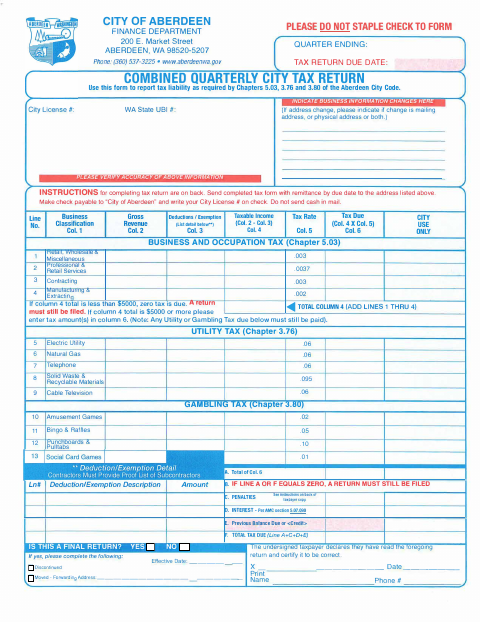 First page of the Combined Quarterly City Tax Return