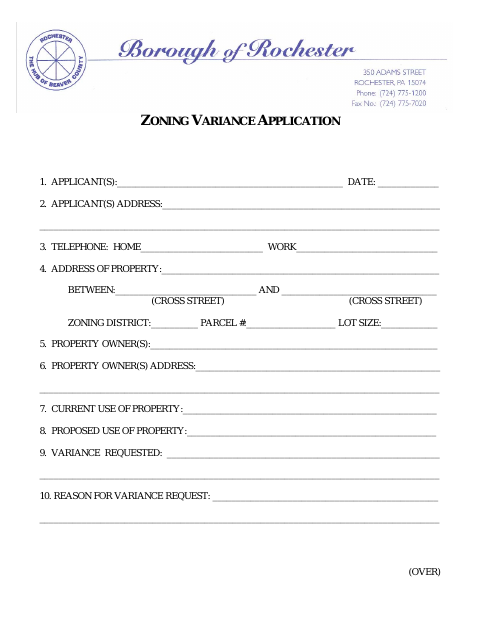 First page of the Zoning Variance Application