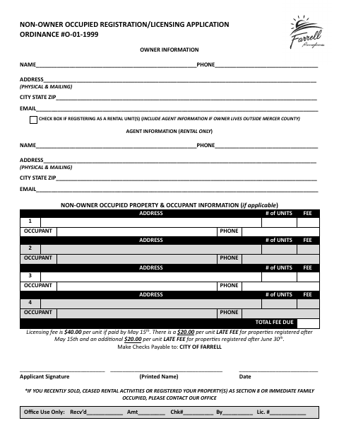 First page of the Non-Owner Occupied Registration/Licensing Application