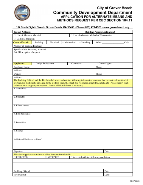 First page of the Application for Alternate Means and Methods Request