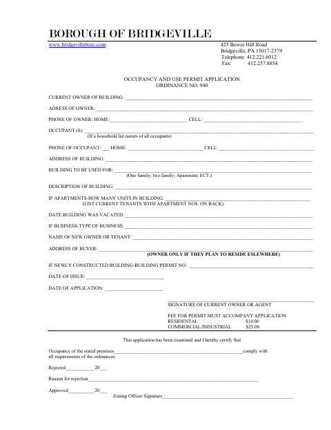 First page of the Occupancy and Use Permit Application