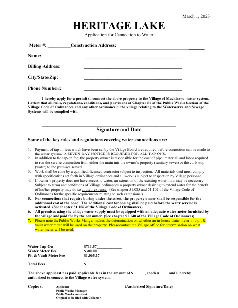 First page of the Application for Connection to Water