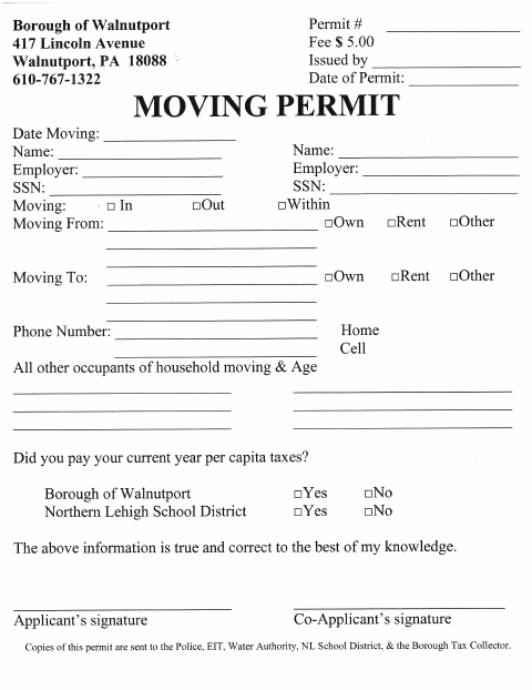 First page of the Moving Permit