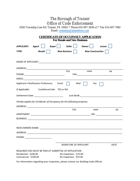 First page of the Certificate Of Occupancy Application For Resale And New Business