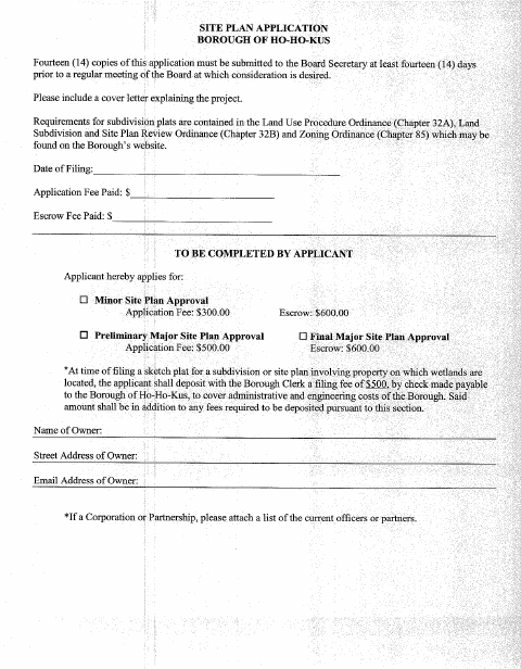 First page of the Major-Minor Site Plan Application