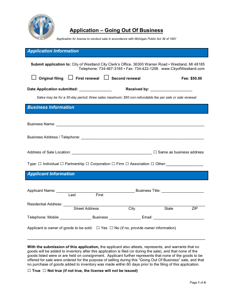 First page of the Going Out of Business Application
