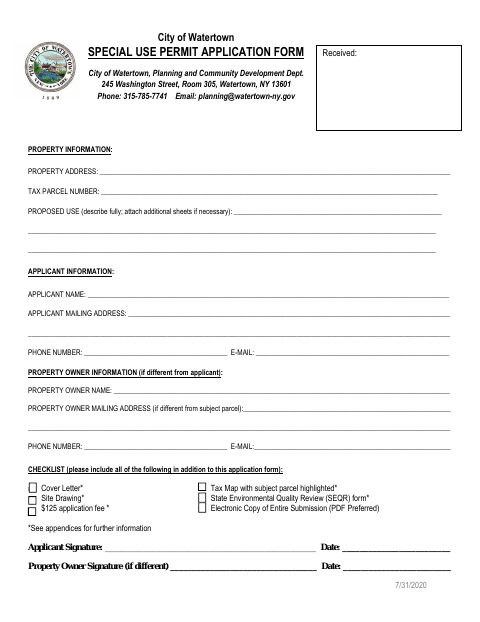 First page of the Special Use Permit Application Form