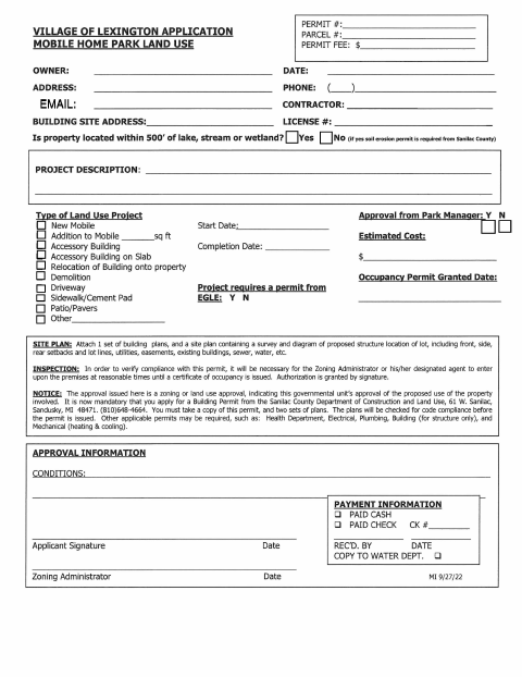 First page of the Mobile Home Park Land Use Permit Application
