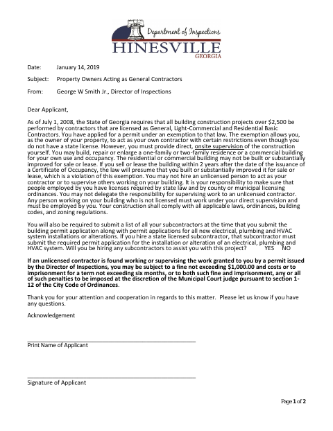 First page of the Property Owners Acting as General Contractors