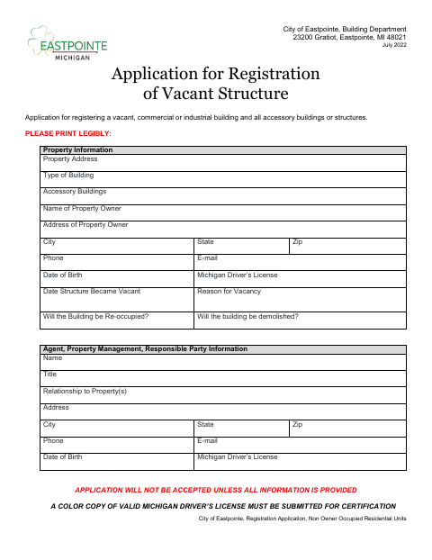 First page of the Vacant Structure Registration Application
