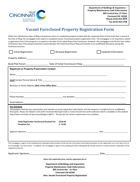 First page of the Vacant Foreclosed Property Registration Application