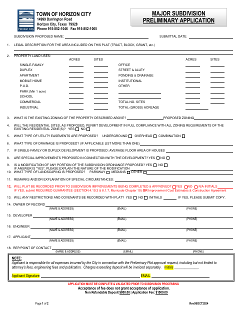 First page of the Subdivision Preliminary Plat Approval Application
