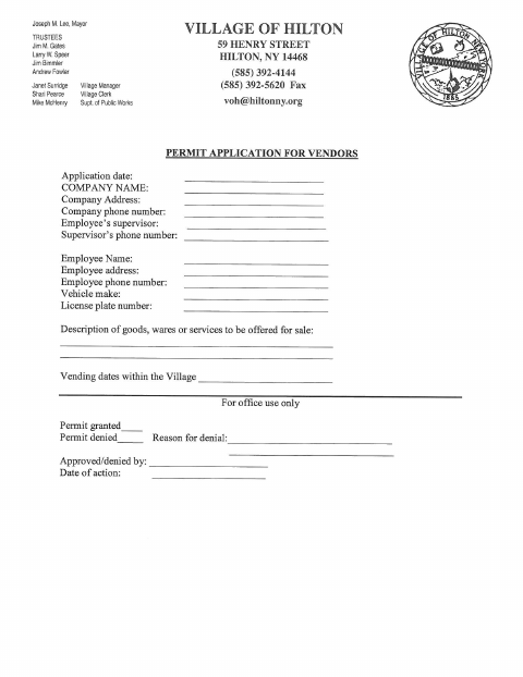 First page of the Permit Application for Vendors