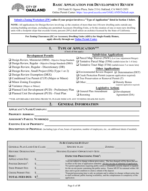 First page of the Basic Application for Development Review