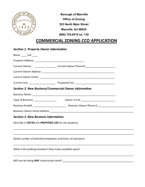 First page of the Commercial Zoning CCO Application