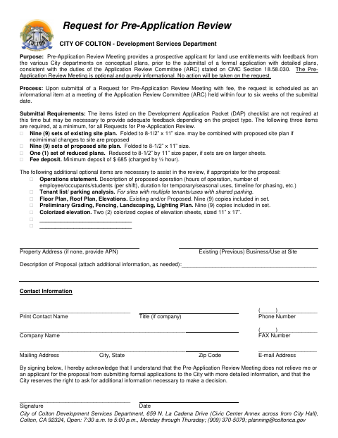 First page of the Request for Pre-Application Review