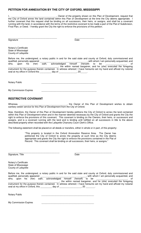 First page of the Petition for Annexation and Restrictive Covenant