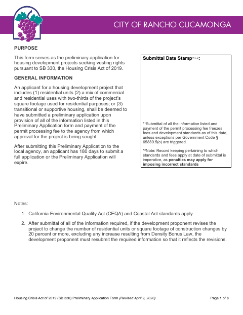First page of the Housing Crisis Act of 2019 (SB 330) Preliminary Application Form