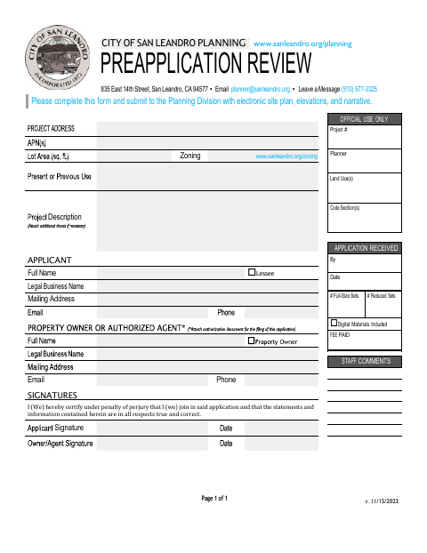 First page of the Preapplication Review