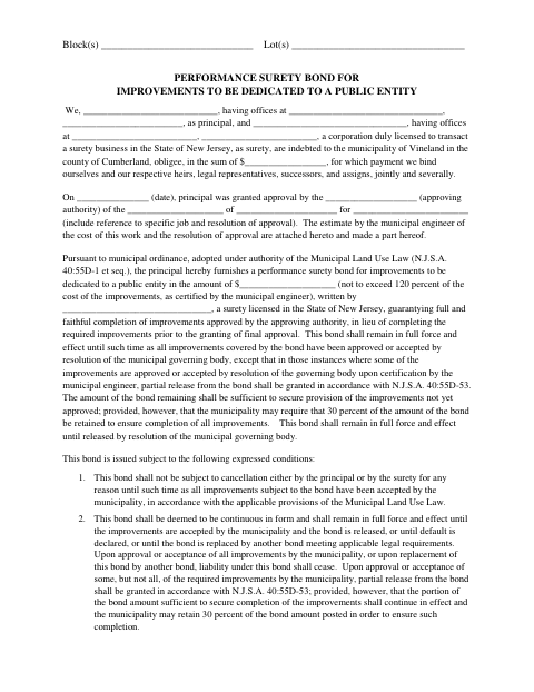 First page of the Performance Surety Bond for Improvements to Be Dedicated to a Public Entity