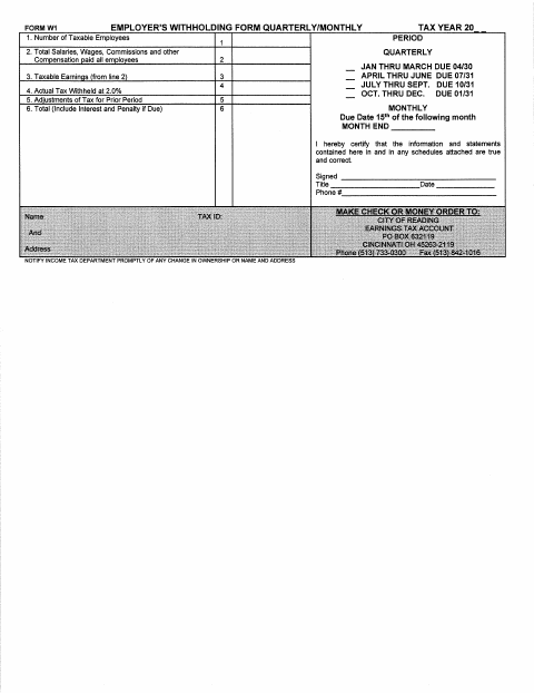 First page of the Employer Payroll Withholding Form Quarterly/Monthly