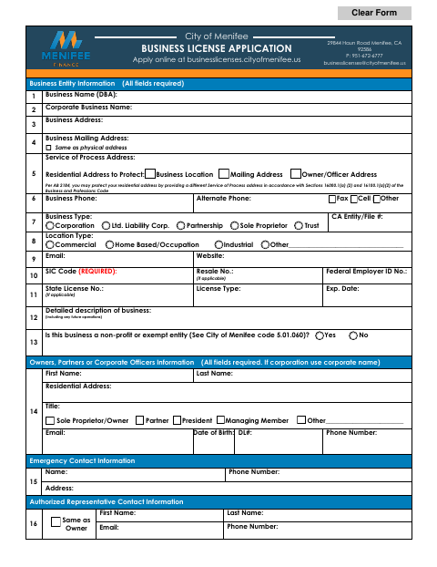 First page of the Business License Application