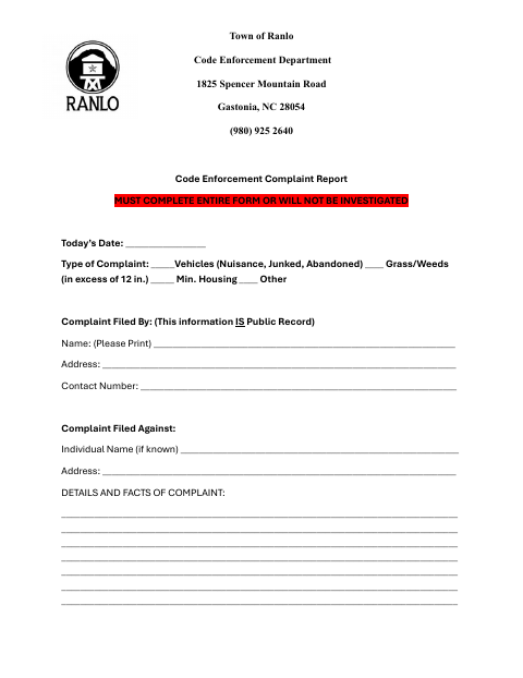 First page of the Code Enforcement Complaint Report